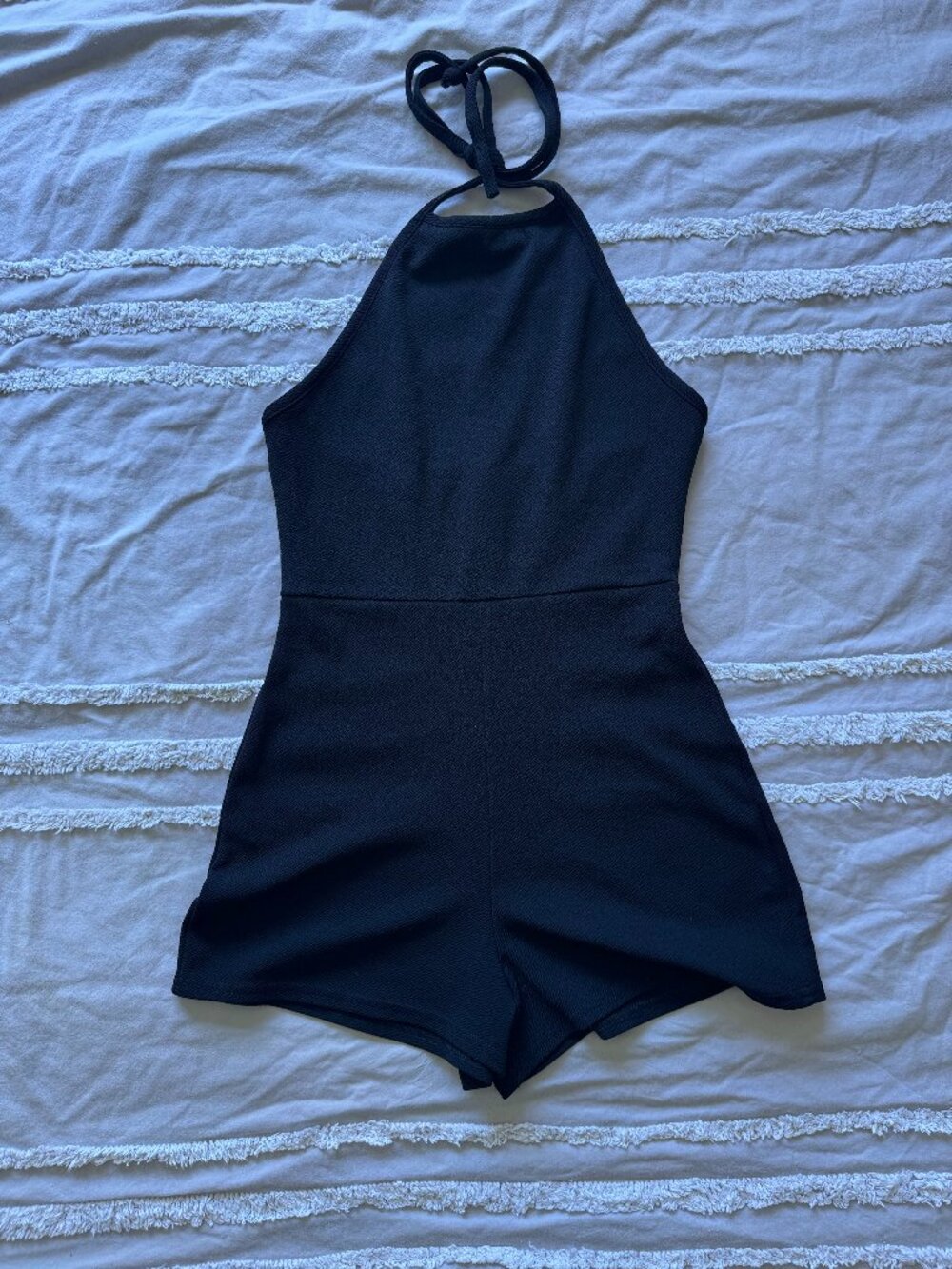 Missguided Black Halter Backless Textured Crepe Romper M